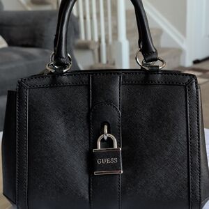 GUESS Black Structured Saffiano Satchel with Padlock
